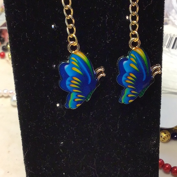 BUTTERFLIES … blue and gold metal earrings Handcrafted/home made ... BE-1 - Picture 2 of 9
